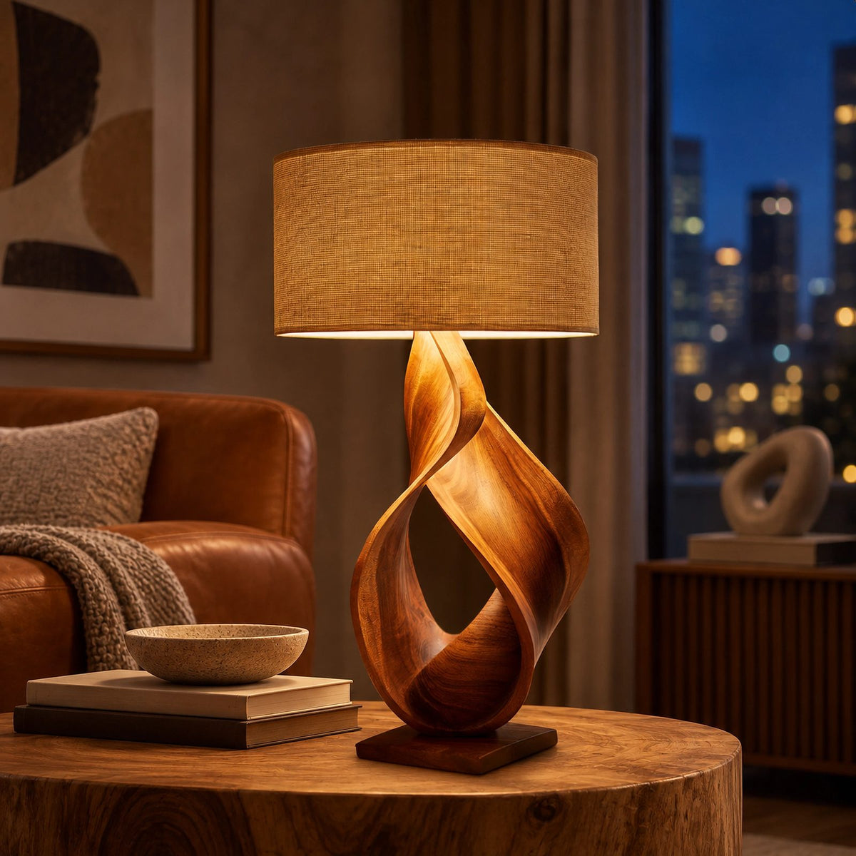 Modern Twisted Wood Table Lamp With Fabric Drum Shade For Bedroom