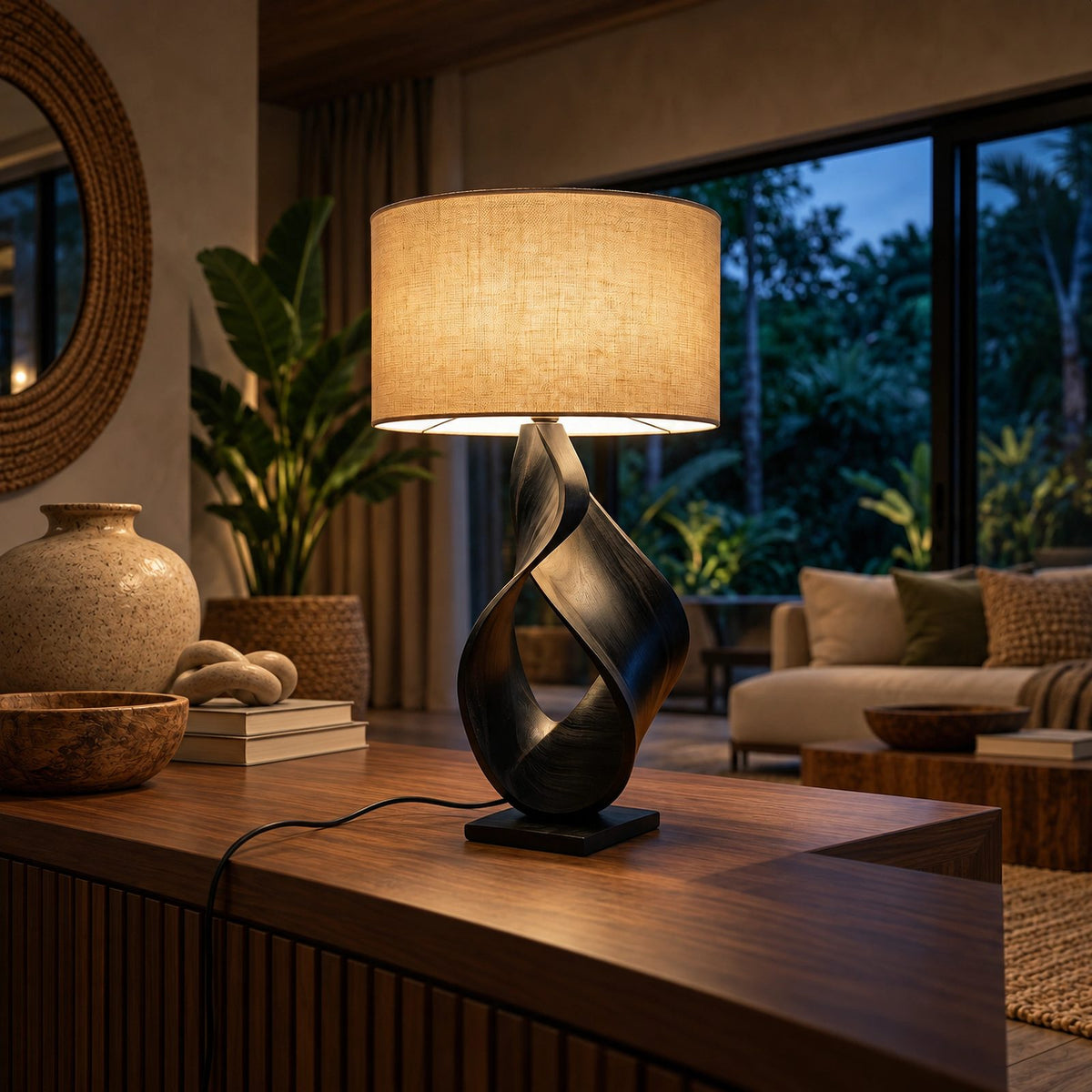 Modern Twisted Wood Table Lamp With Fabric Drum Shade For Bedroom