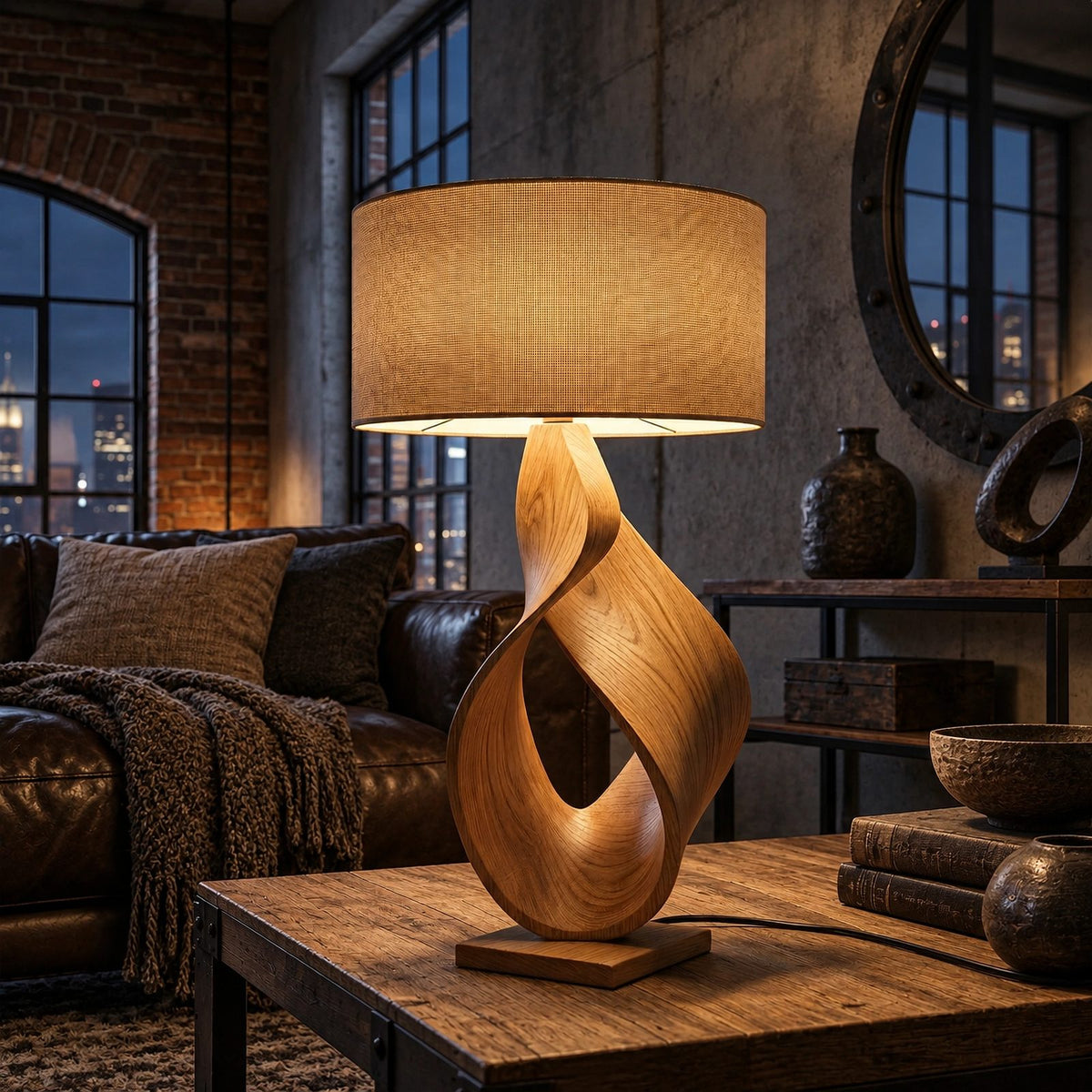 Modern Twisted Wood Table Lamp With Fabric Drum Shade For Bedroom