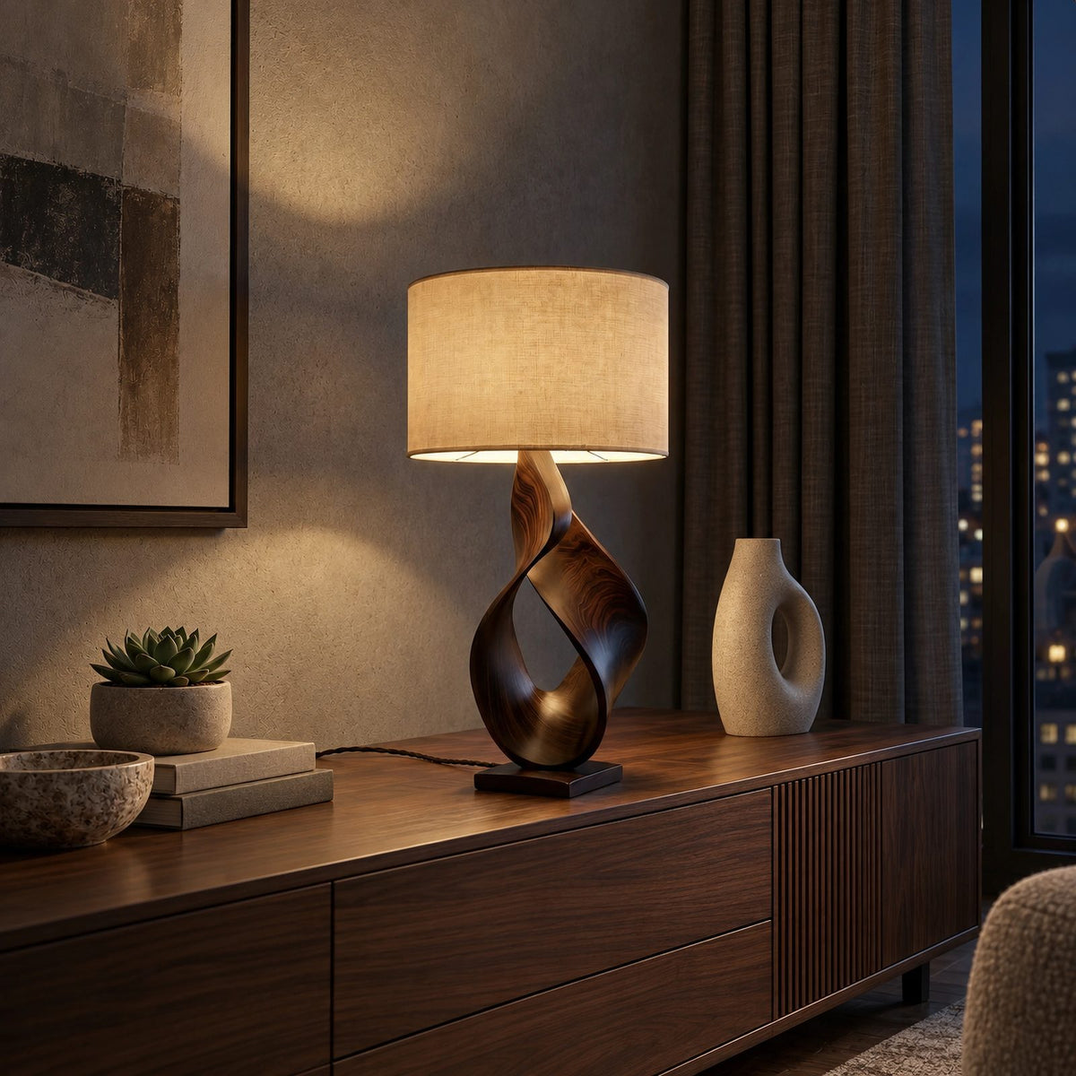 Modern Twisted Wood Table Lamp With Fabric Drum Shade For Bedroom