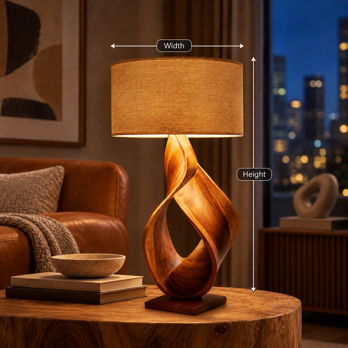 Modern Twisted Wood Table Lamp With Fabric Drum Shade For Bedroom