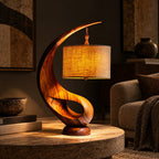 Contemporary Curved Wood Table Lamp With Fabric Drum Shade For Living Room
