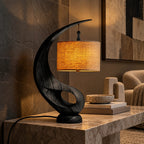 Contemporary Curved Wood Table Lamp With Fabric Drum Shade For Living Room