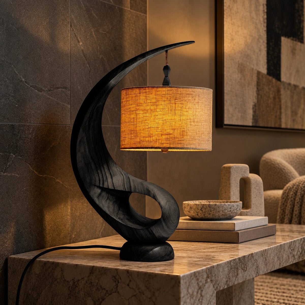 Contemporary Curved Wood Table Lamp With Fabric Drum Shade For Living Room