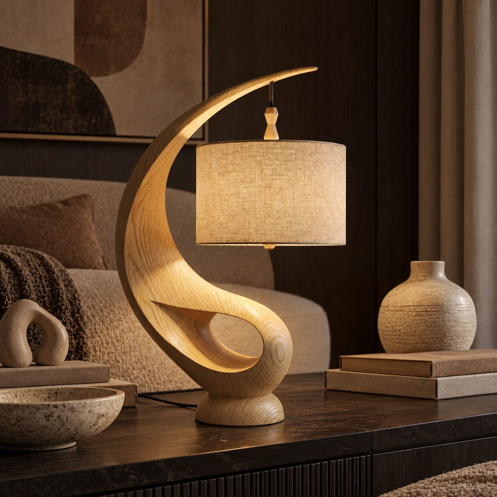 Contemporary Curved Wood Table Lamp With Fabric Drum Shade For Living Room