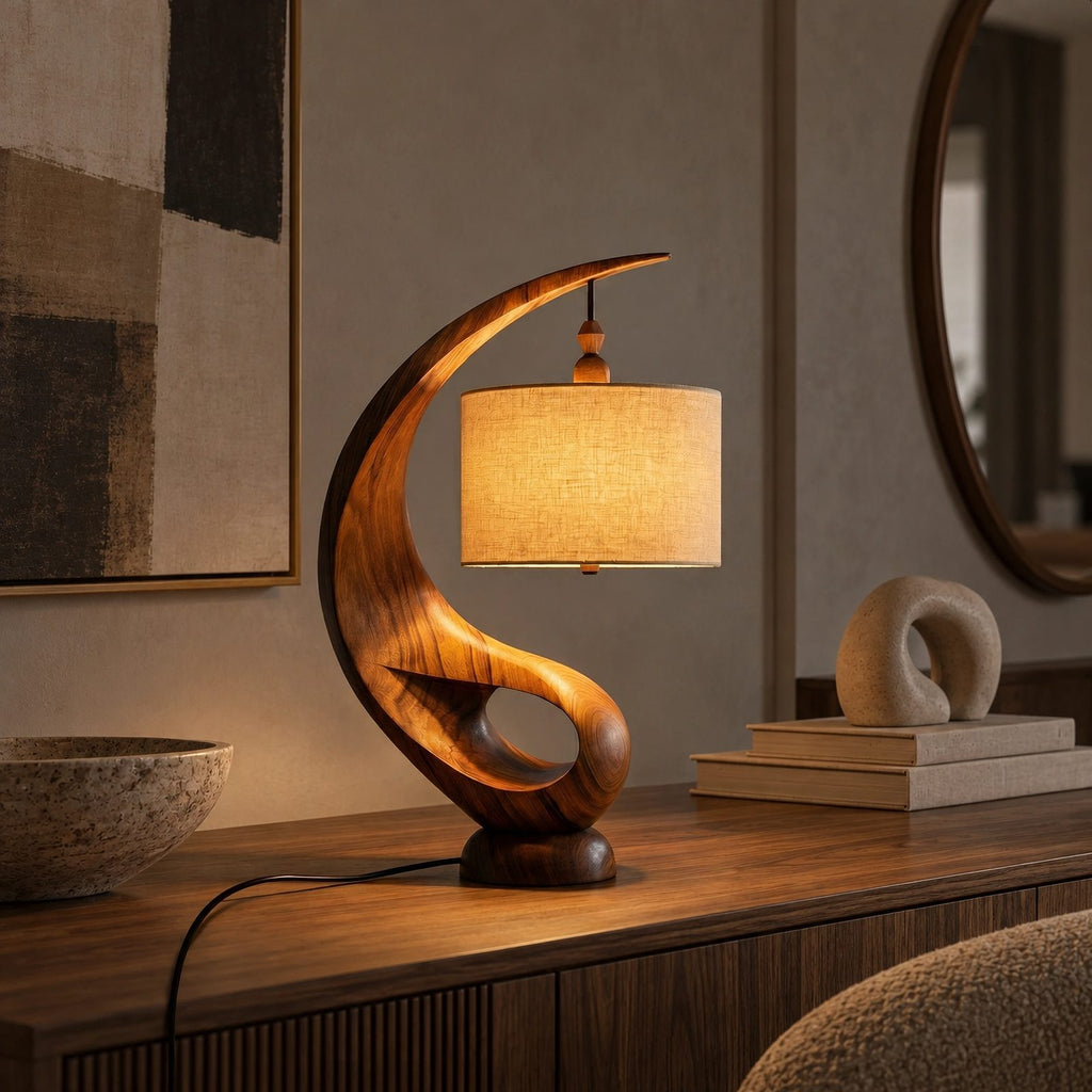 Contemporary Curved Wood Table Lamp With Fabric Drum Shade For Living Room