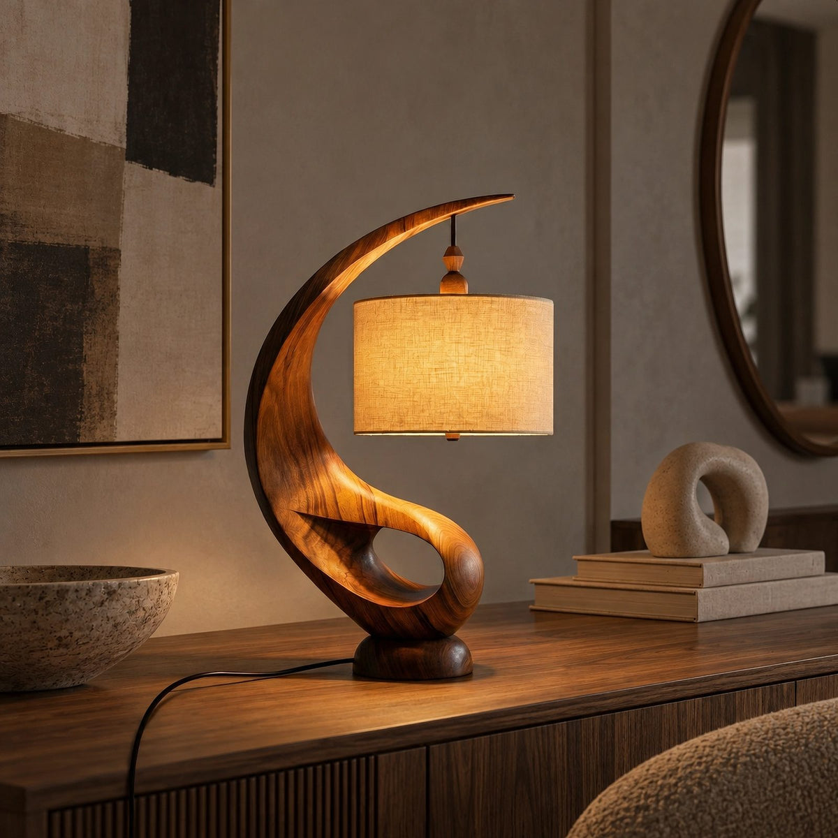 Contemporary Curved Wood Table Lamp With Fabric Drum Shade For Living Room