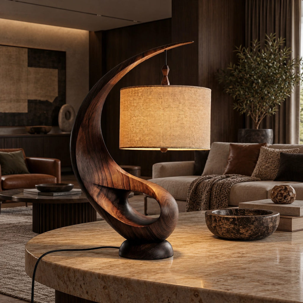 Contemporary Curved Wood Table Lamp With Fabric Drum Shade For Living Room
