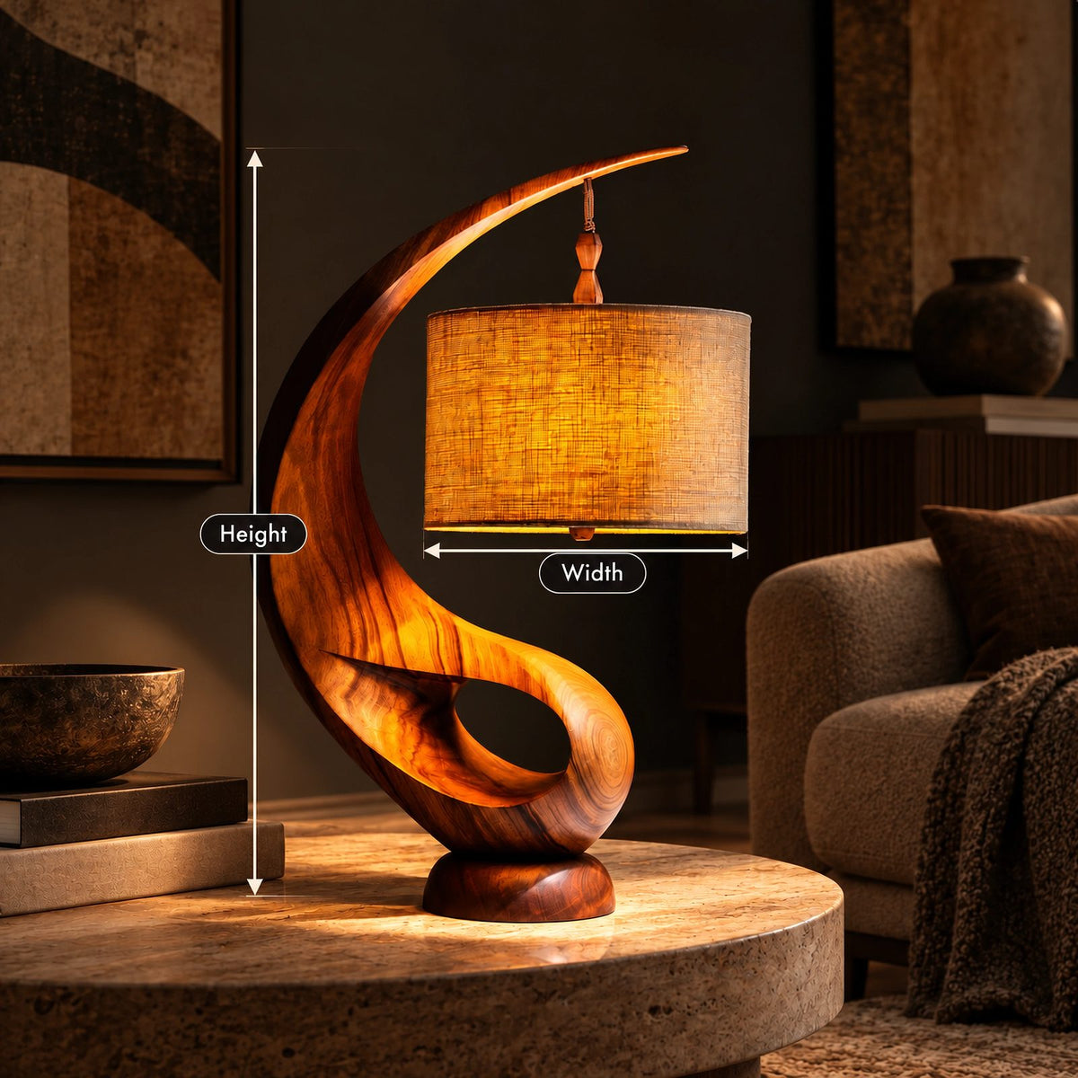 Contemporary Curved Wood Table Lamp With Fabric Drum Shade For Living Room
