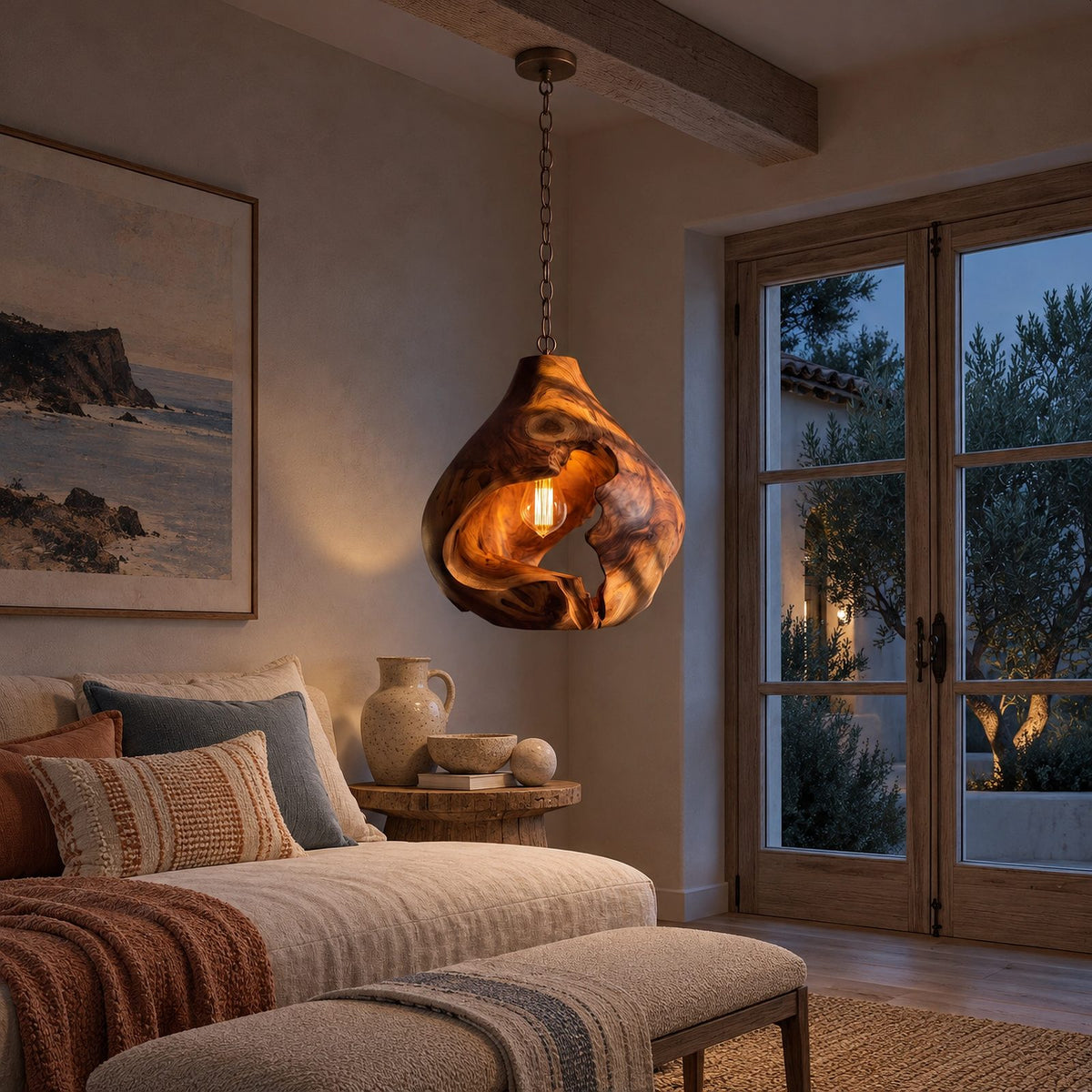 Organic Sculptural Wood Pendant Light With Exposed Bulb Design For Bedroom