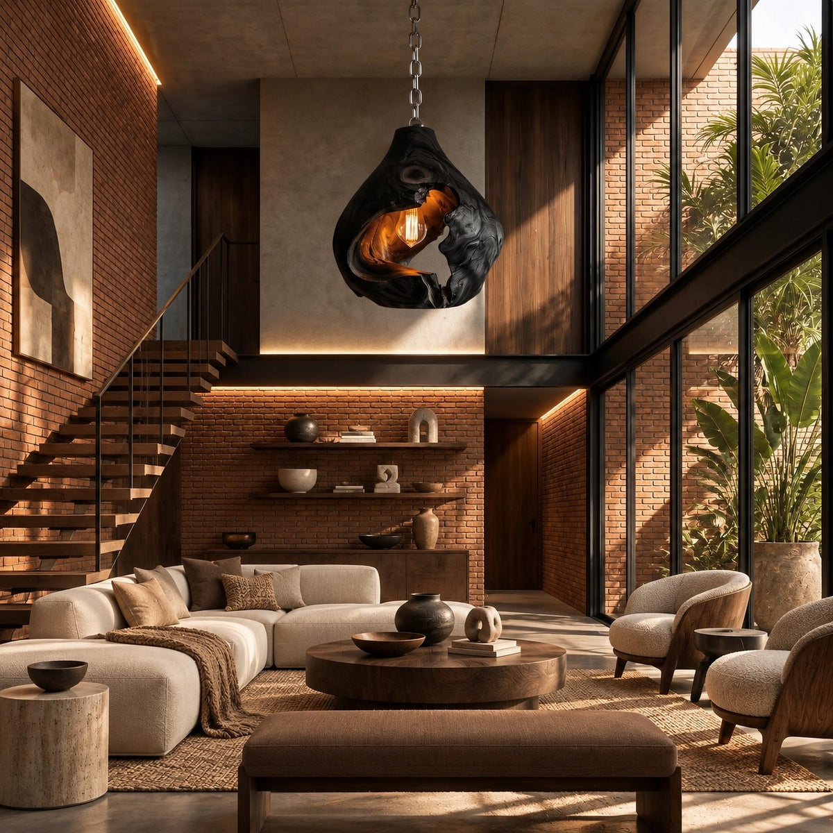 Organic Sculptural Wood Pendant Light With Exposed Bulb Design For Bedroom