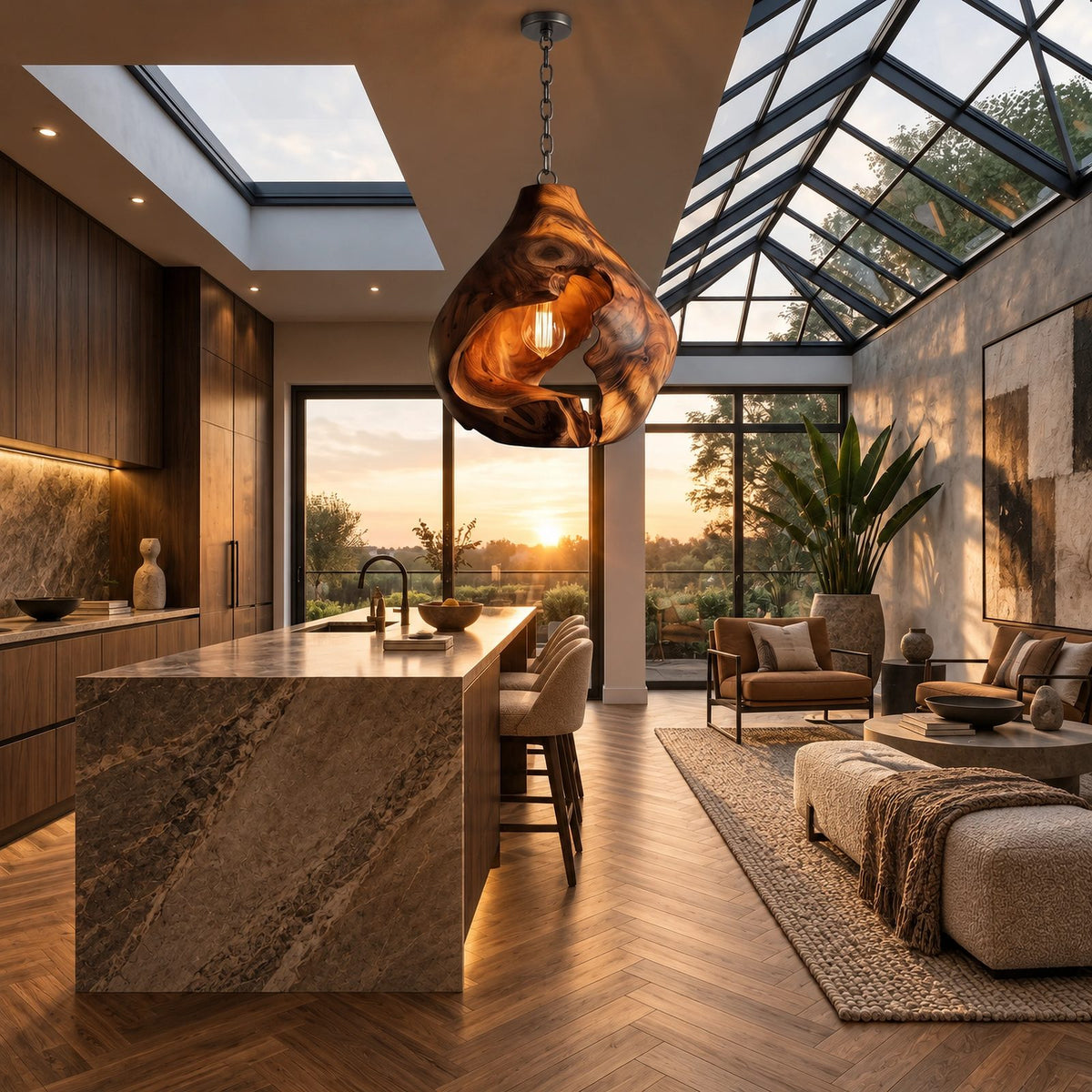 Organic Sculptural Wood Pendant Light With Exposed Bulb Design For Bedroom