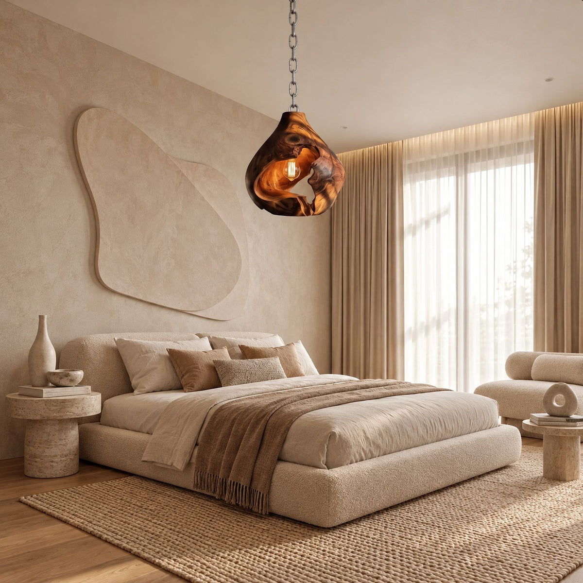 Organic Sculptural Wood Pendant Light With Exposed Bulb Design For Bedroom