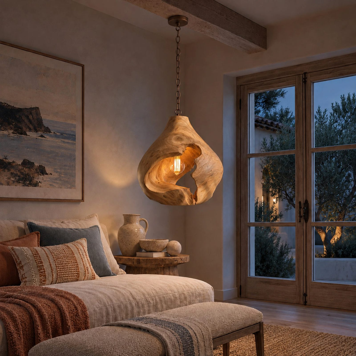 Organic Sculptural Wood Pendant Light With Exposed Bulb Design For Bedroom