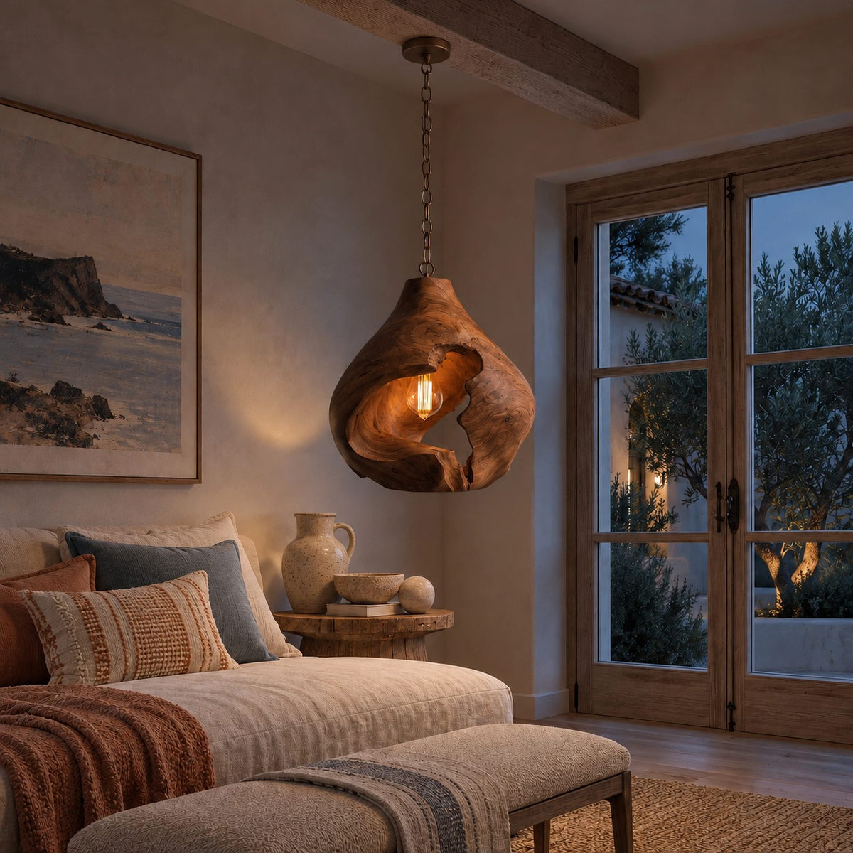 Organic Sculptural Wood Pendant Light With Exposed Bulb Design For Bedroom