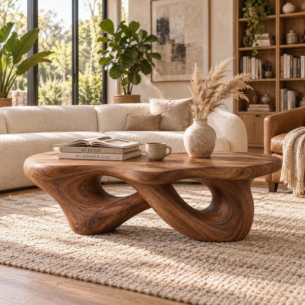 Sculptural Interlaced-Loop Solid Wood Coffee Table, Walnut Live-Edge Living Room Centerpiece
