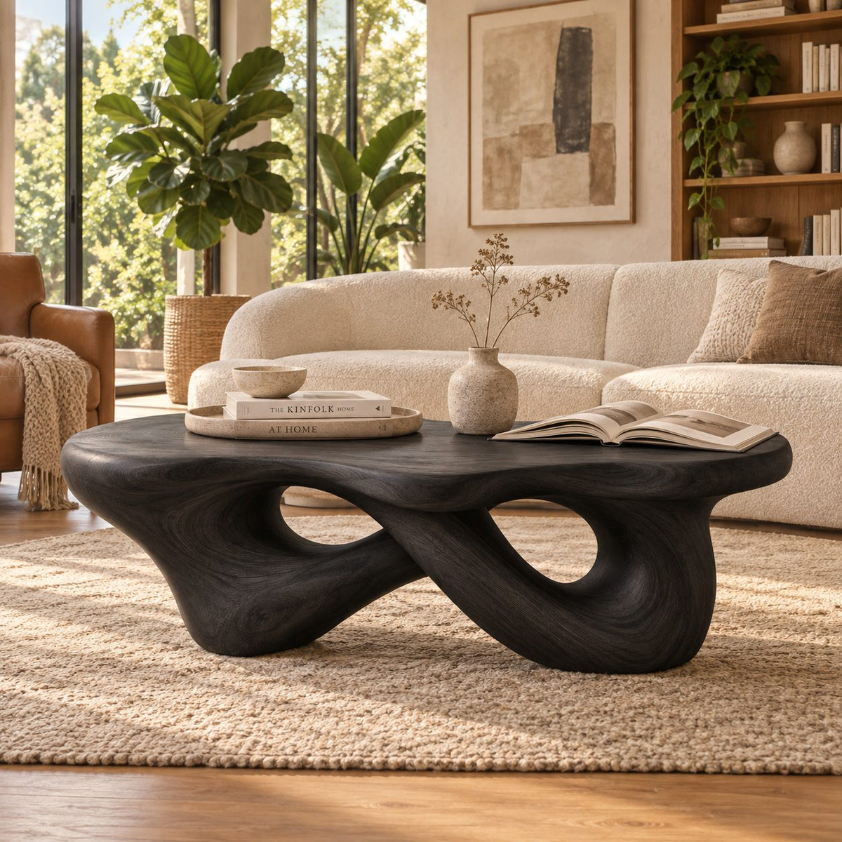 Sculptural Interlaced-Loop Solid Wood Coffee Table, Walnut Live-Edge Living Room Centerpiece