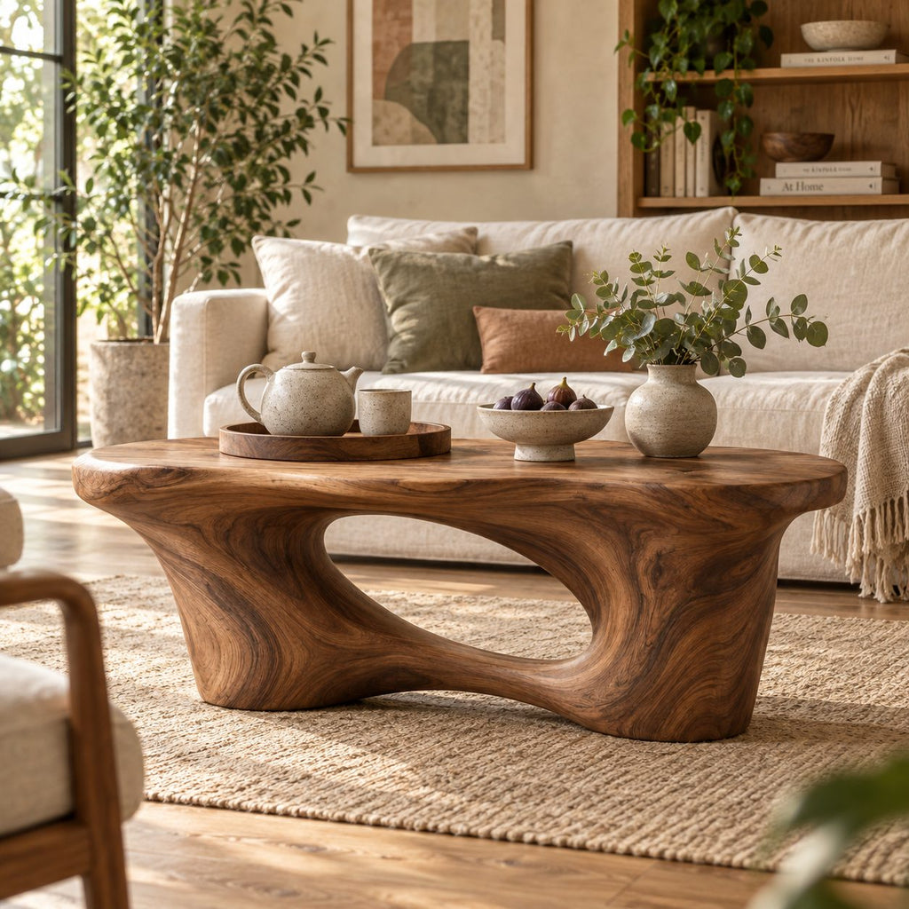 Arched Cutout Sculptural Solid Wood Coffee Table, Walnut Live-Edge Living Room