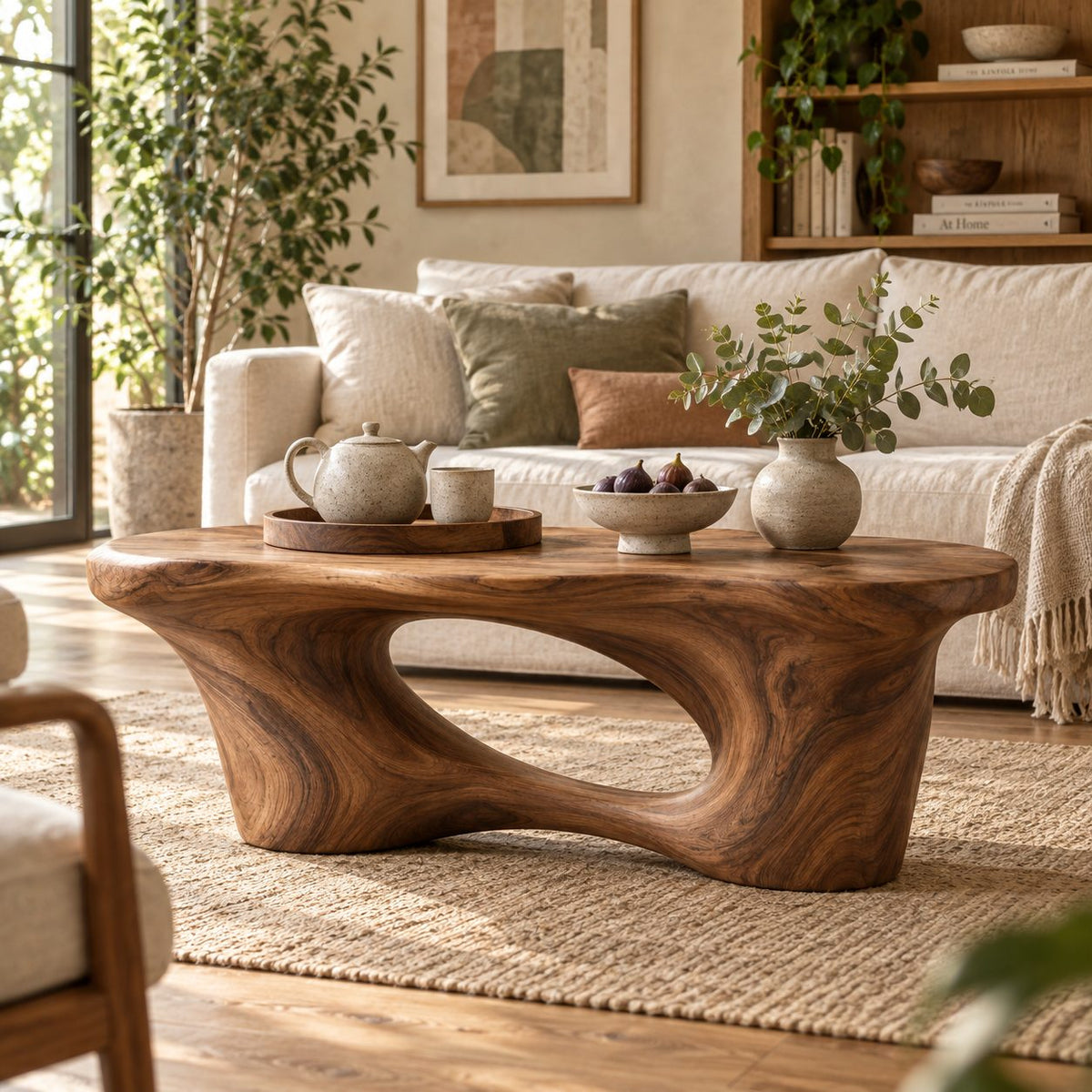 Arched Cutout Sculptural Solid Wood Coffee Table, Walnut Live-Edge Living Room