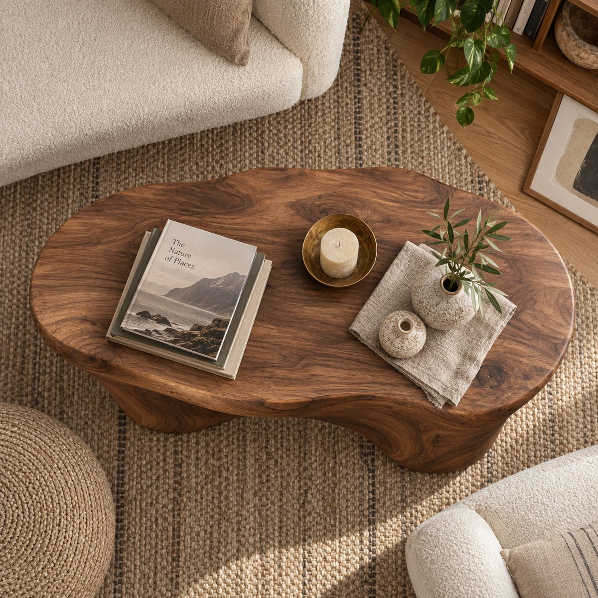 Arched Cutout Sculptural Solid Wood Coffee Table, Walnut Live-Edge Living Room