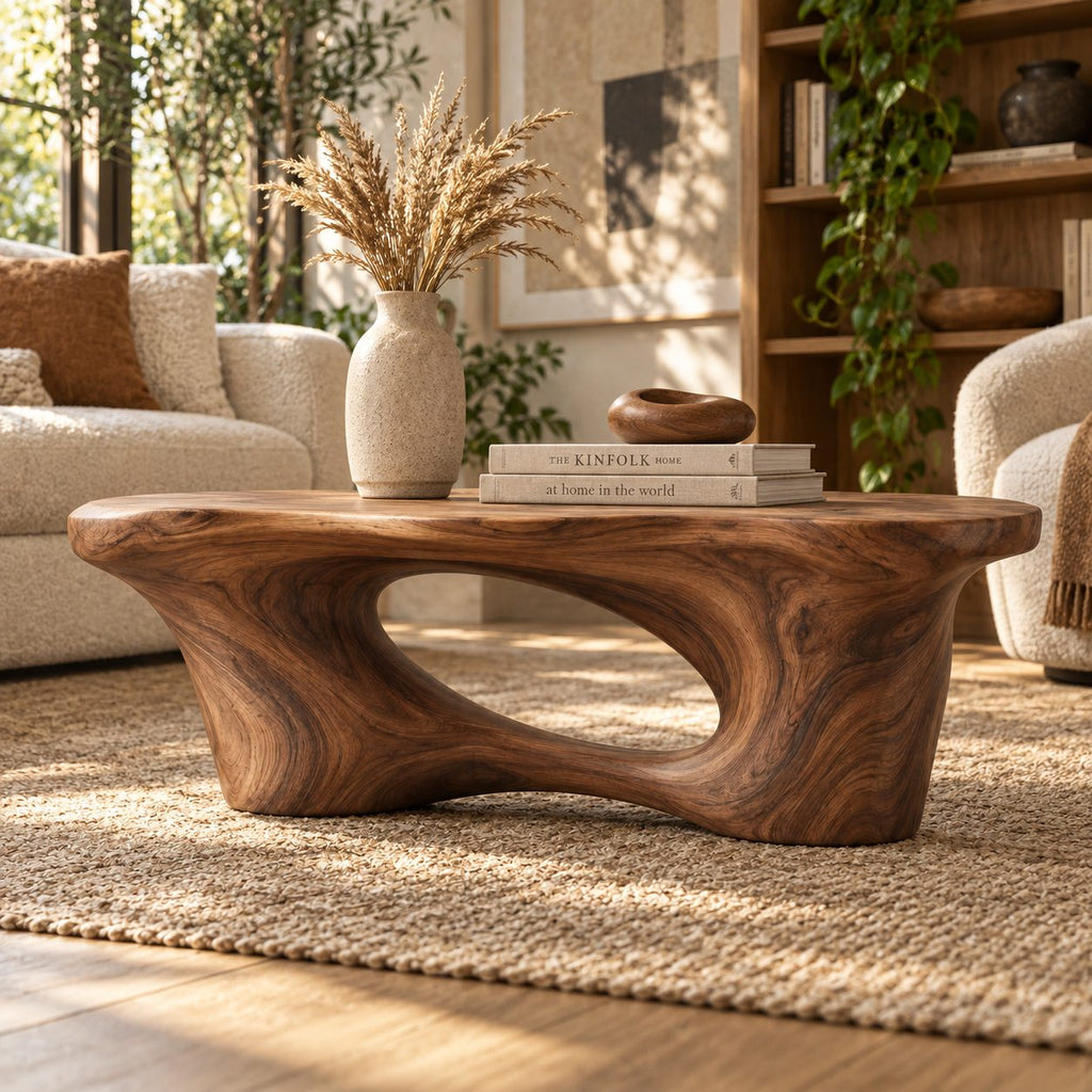 Arched Cutout Sculptural Solid Wood Coffee Table, Walnut Live-Edge Living Room