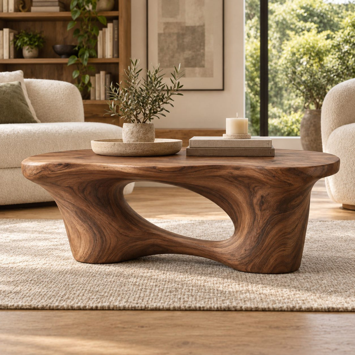Arched Cutout Sculptural Solid Wood Coffee Table, Walnut Live-Edge Living Room
