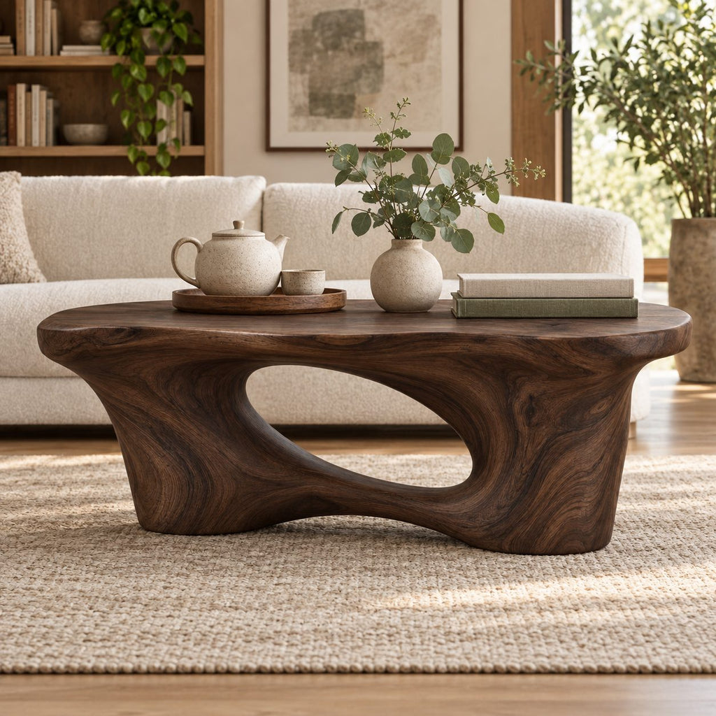 Arched Cutout Sculptural Solid Wood Coffee Table, Walnut Live-Edge Living Room