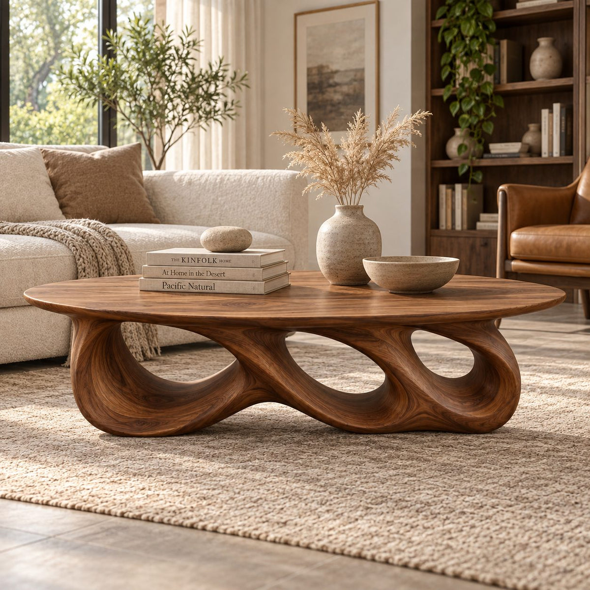 Rolling Triple-Loop Sculptural Solid Wood Coffee Table, Walnut Oval Living Room