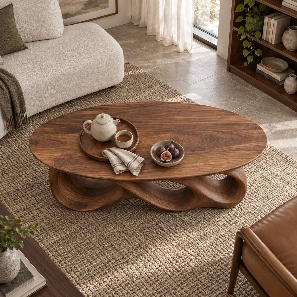 Rolling Triple-Loop Sculptural Solid Wood Coffee Table, Walnut Oval Living Room