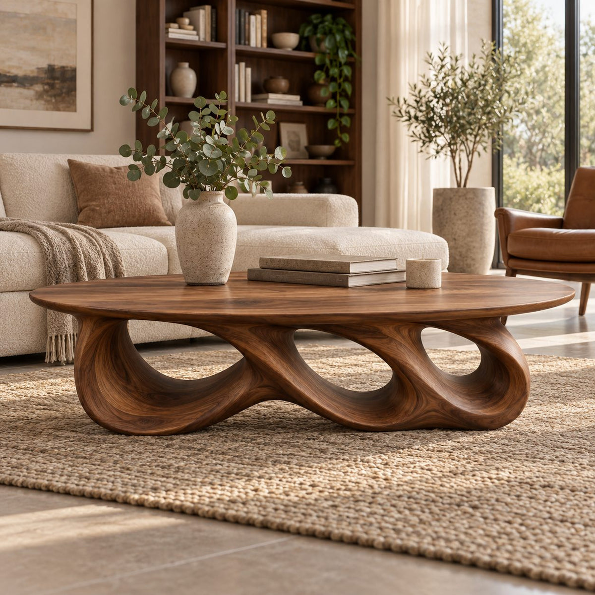 Rolling Triple-Loop Sculptural Solid Wood Coffee Table, Walnut Oval Living Room