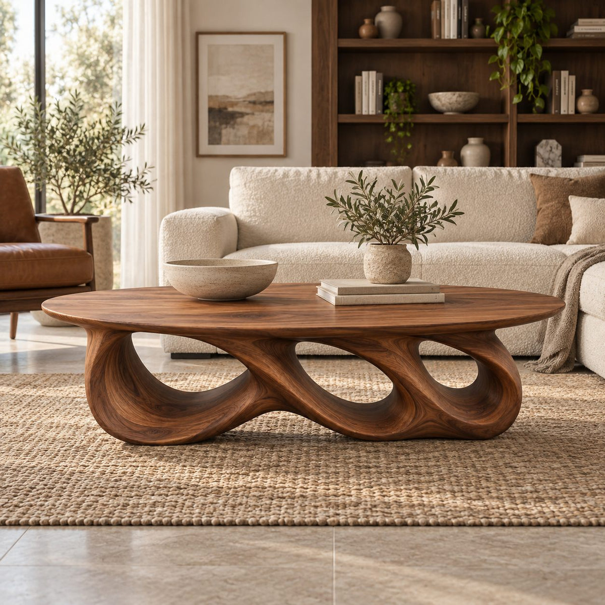 Rolling Triple-Loop Sculptural Solid Wood Coffee Table, Walnut Oval Living Room
