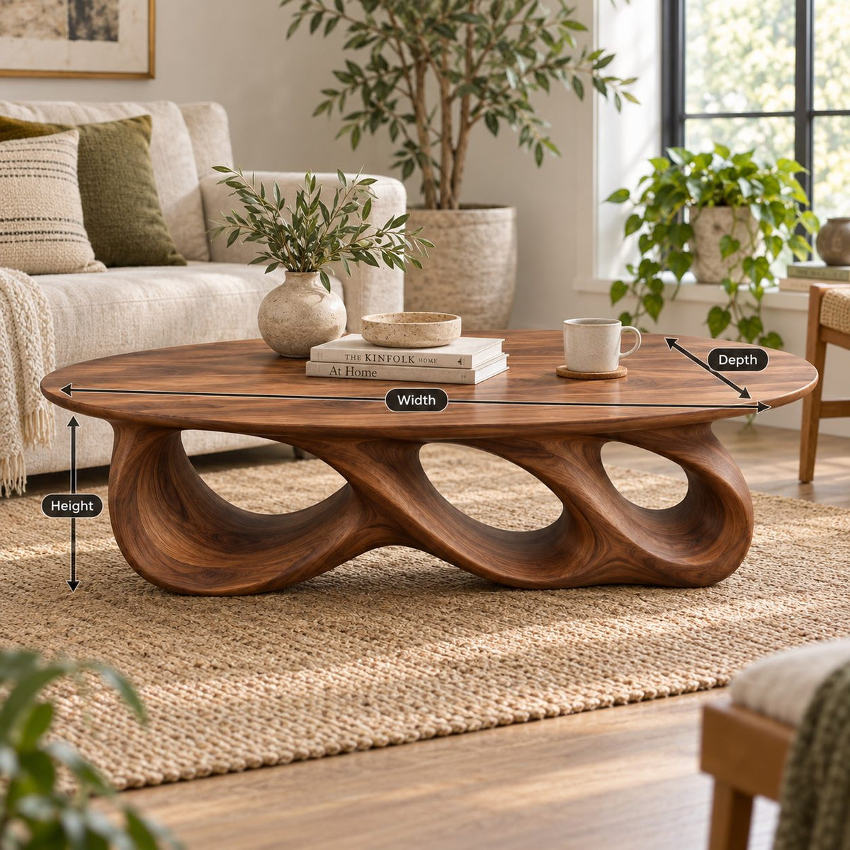 Rolling Triple-Loop Sculptural Solid Wood Coffee Table, Walnut Oval Living Room