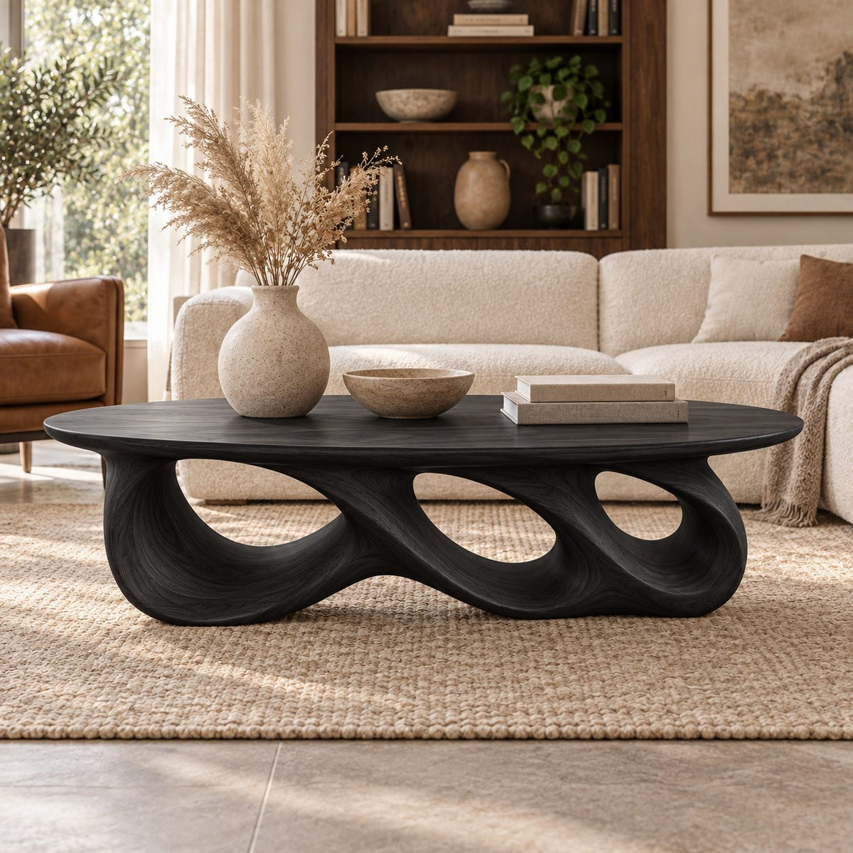 Rolling Triple-Loop Sculptural Solid Wood Coffee Table, Walnut Oval Living Room