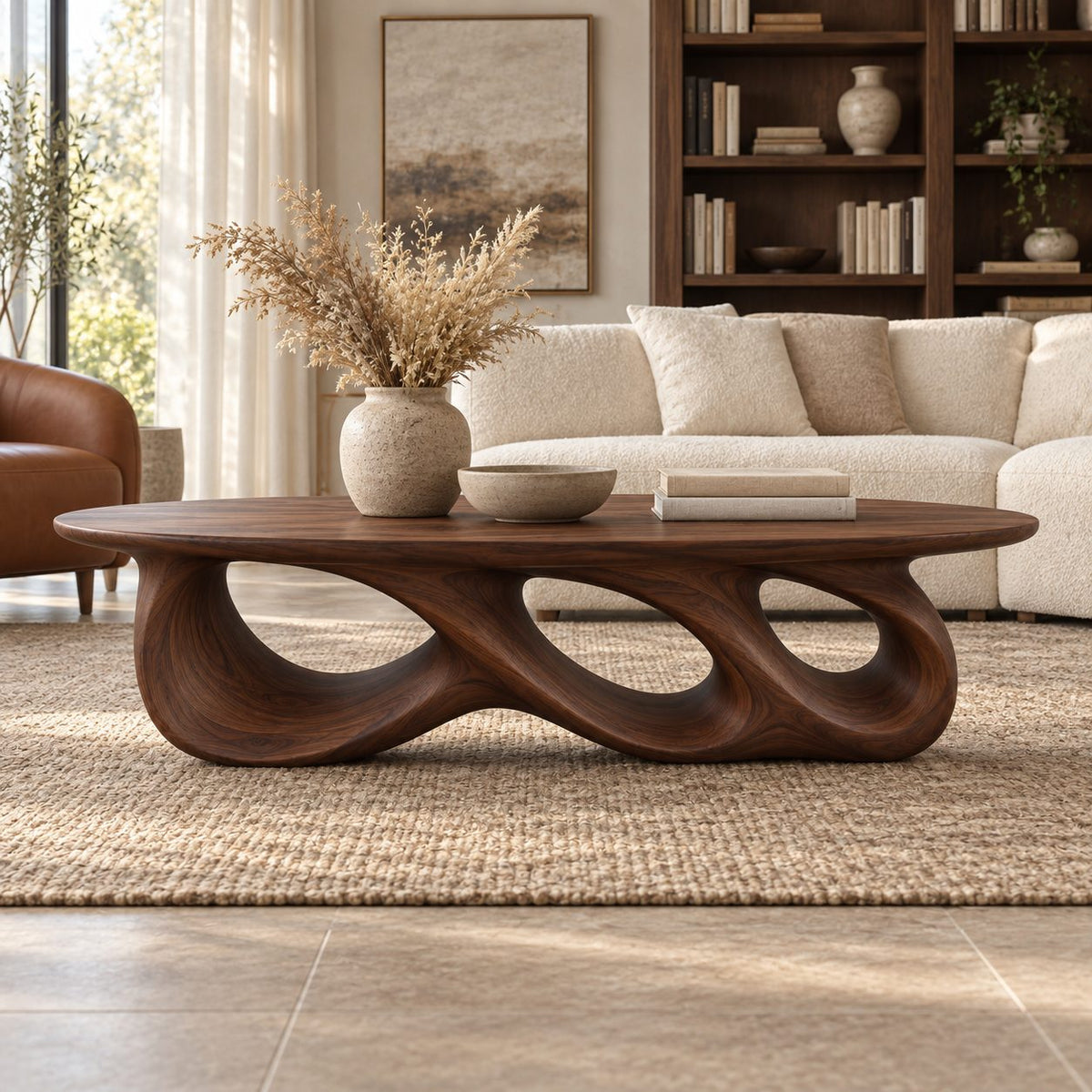 Rolling Triple-Loop Sculptural Solid Wood Coffee Table, Walnut Oval Living Room