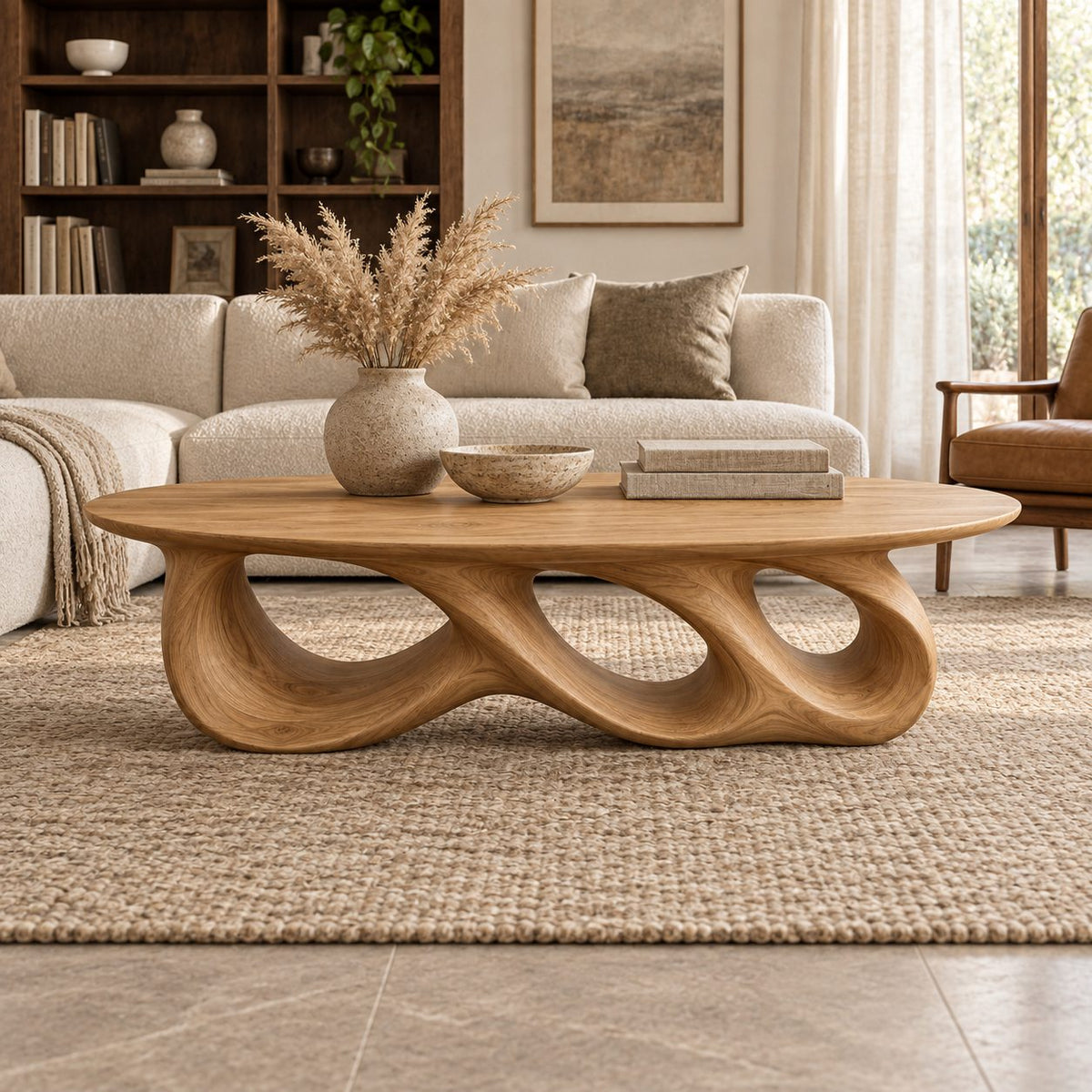 Rolling Triple-Loop Sculptural Solid Wood Coffee Table, Walnut Oval Living Room