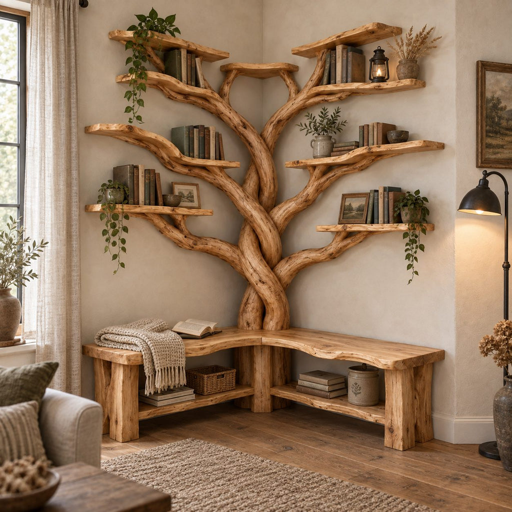 Corner Tree Bookshelf with Bench, Twisted Trunk Solid Wood L-Shaped Reading Nook Bookcase