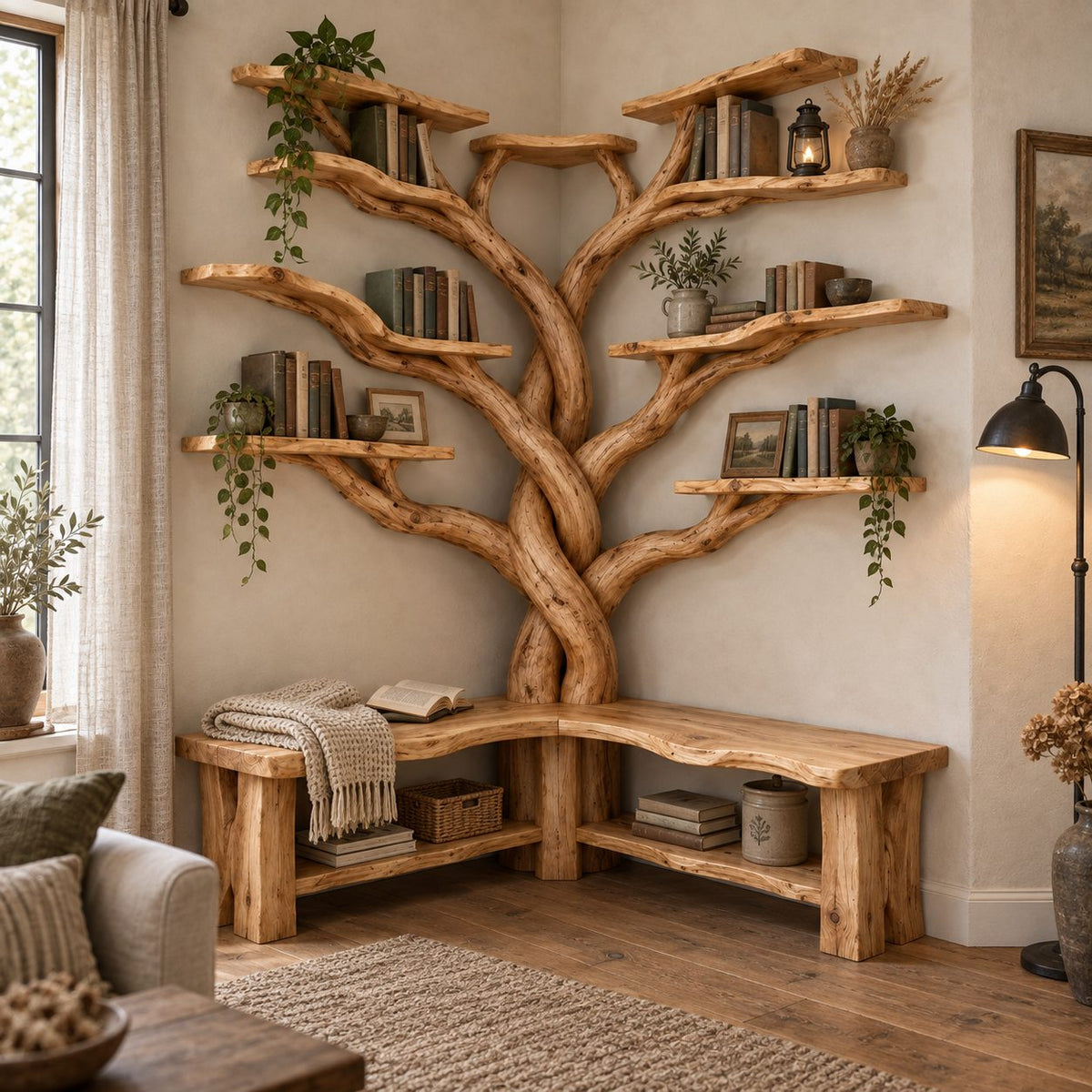 Corner Tree Bookshelf with Bench, Twisted Trunk Solid Wood L-Shaped Reading Nook Bookcase