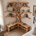 Corner Tree Bookshelf with Bench, Twisted Trunk Solid Wood L-Shaped Reading Nook Bookcase
