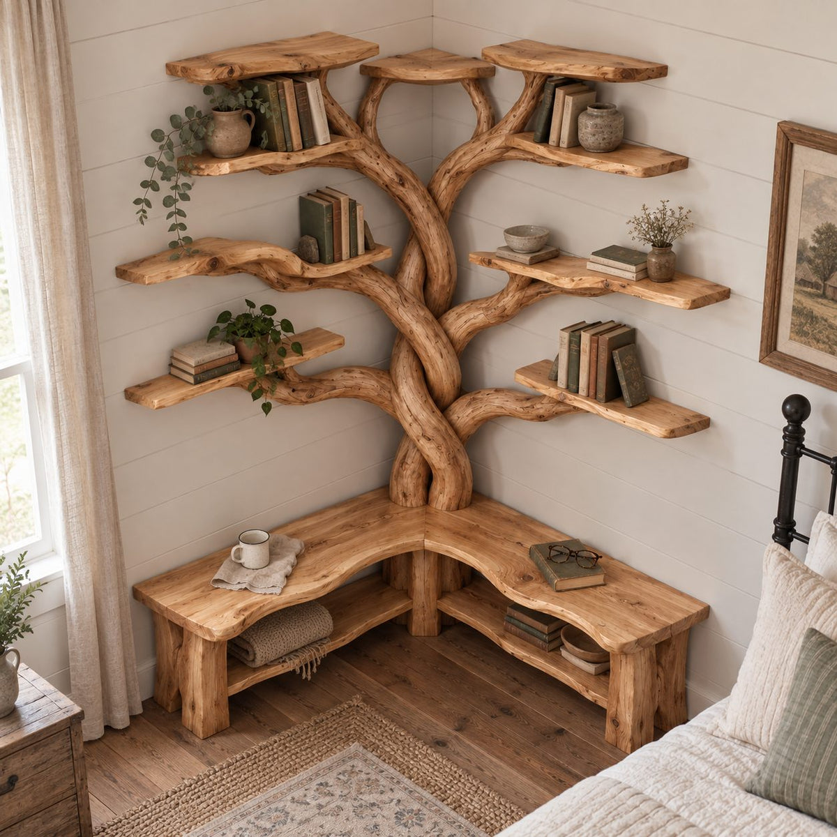 Corner Tree Bookshelf with Bench, Twisted Trunk Solid Wood L-Shaped Reading Nook Bookcase