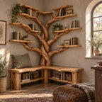 Corner Tree Bookshelf with Bench, Twisted Trunk Solid Wood L-Shaped Reading Nook Bookcase