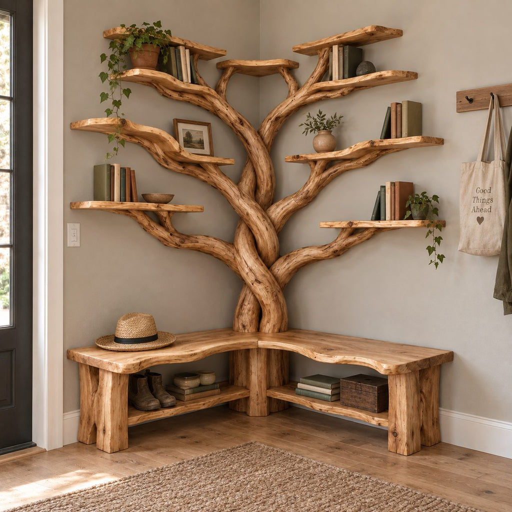 Corner Tree Bookshelf with Bench, Twisted Trunk Solid Wood L-Shaped Reading Nook Bookcase