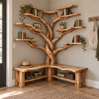 Corner Tree Bookshelf with Bench, Twisted Trunk Solid Wood L-Shaped Reading Nook Bookcase
