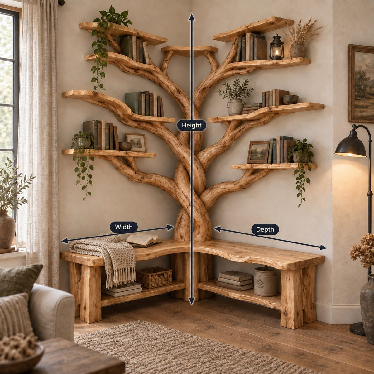 Corner Tree Bookshelf with Bench, Twisted Trunk Solid Wood L-Shaped Reading Nook Bookcase
