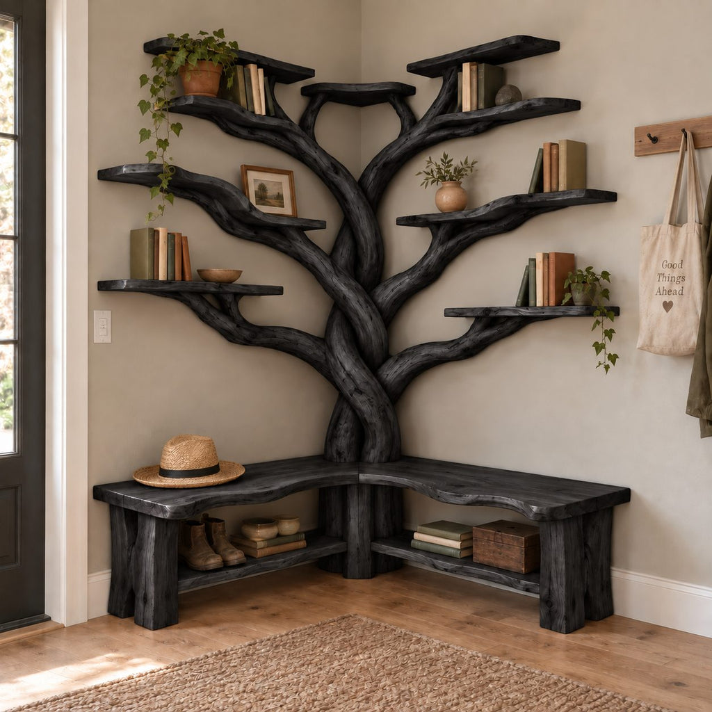 Corner Tree Bookshelf with Bench, Twisted Trunk Solid Wood L-Shaped Reading Nook Bookcase