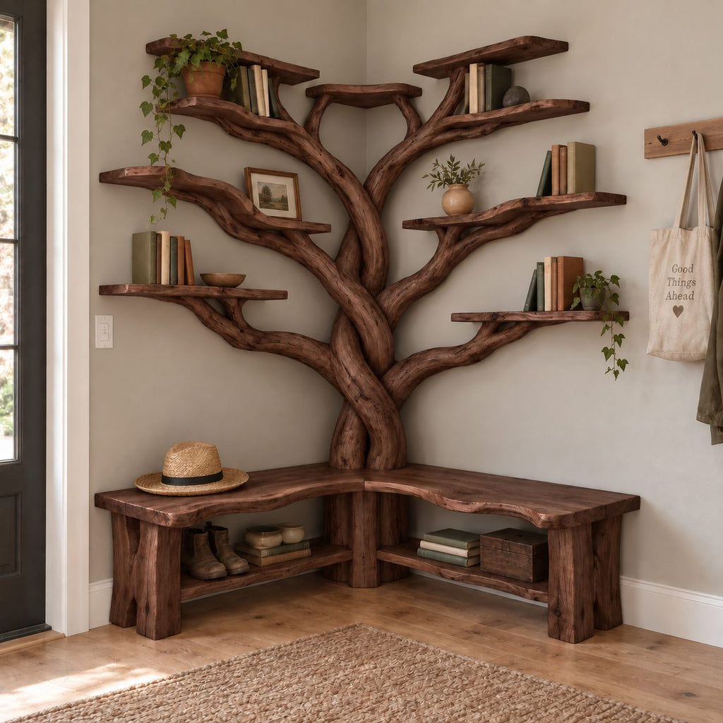 Corner Tree Bookshelf with Bench, Twisted Trunk Solid Wood L-Shaped Reading Nook Bookcase