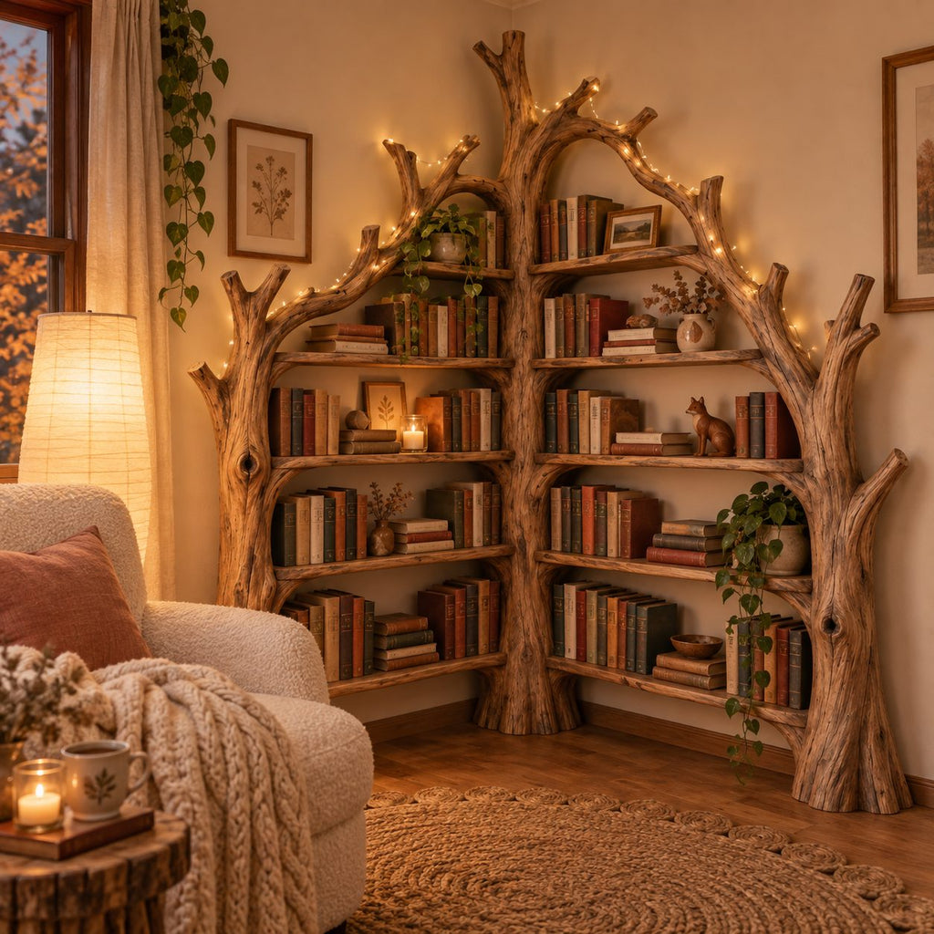 Tree Shaped Corner Bookcase, Triple-Trunk Arched Solid Wood Bookshelf for Reading Room