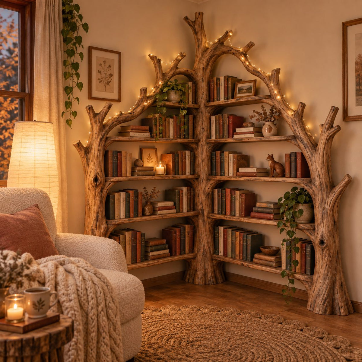 Tree Shaped Corner Bookcase, Triple-Trunk Arched Solid Wood Bookshelf for Reading Room