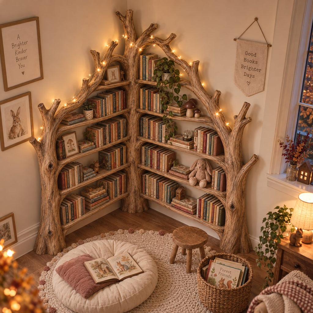 Tree Shaped Corner Bookcase, Triple-Trunk Arched Solid Wood Bookshelf for Reading Room