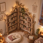 Tree Shaped Corner Bookcase, Triple-Trunk Arched Solid Wood Bookshelf for Reading Room
