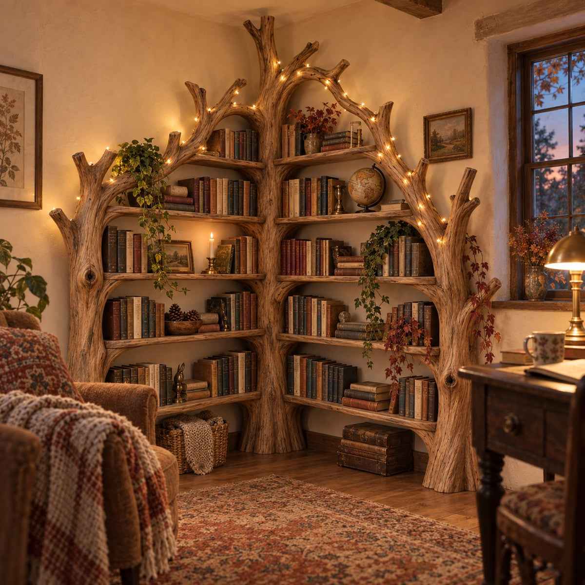 Tree Shaped Corner Bookcase, Triple-Trunk Arched Solid Wood Bookshelf for Reading Room